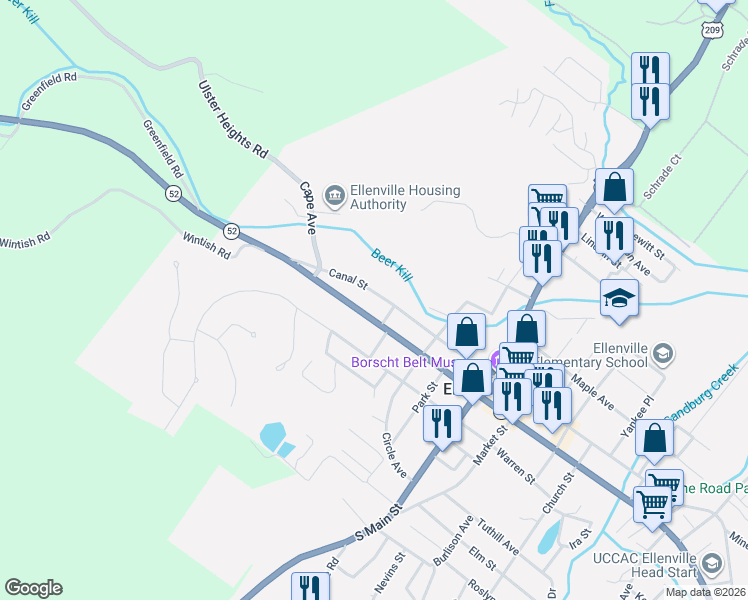 map of restaurants, bars, coffee shops, grocery stores, and more near 16 Center Street in Ellenville