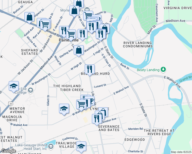 map of restaurants, bars, coffee shops, grocery stores, and more near 287 Liberty Street in Painesville