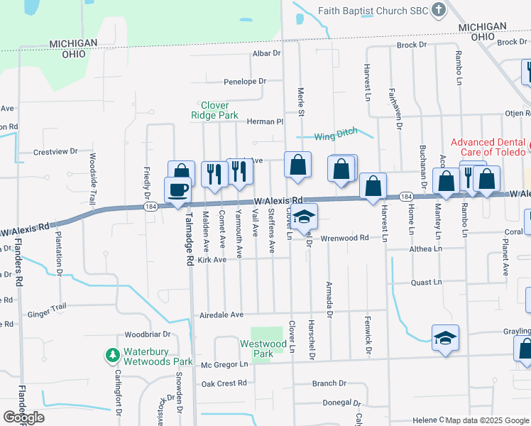 map of restaurants, bars, coffee shops, grocery stores, and more near 5750 Vail Ave in Toledo