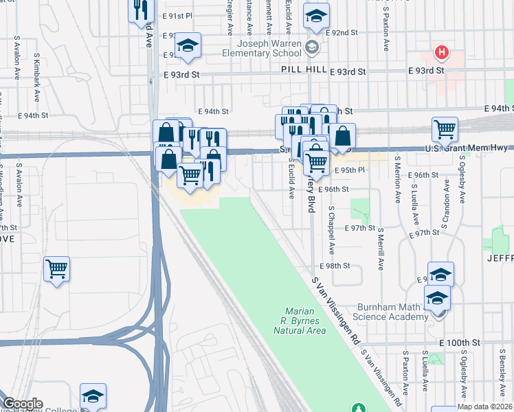 map of restaurants, bars, coffee shops, grocery stores, and more near 1739 East 96th Street in Chicago