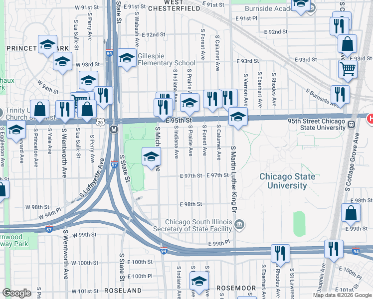 map of restaurants, bars, coffee shops, grocery stores, and more near 9616 South Prairie Avenue in Chicago