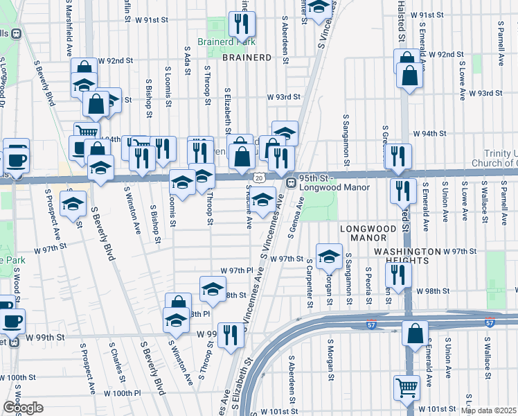 map of restaurants, bars, coffee shops, grocery stores, and more near 1150 West 96th Street in Chicago