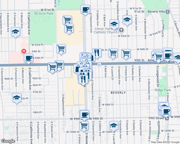 map of restaurants, bars, coffee shops, grocery stores, and more near 9550 South Claremont Avenue in Chicago