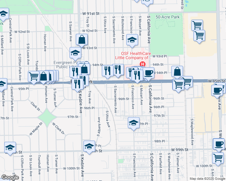 map of restaurants, bars, coffee shops, grocery stores, and more near 9539 South Utica Avenue in Evergreen Park