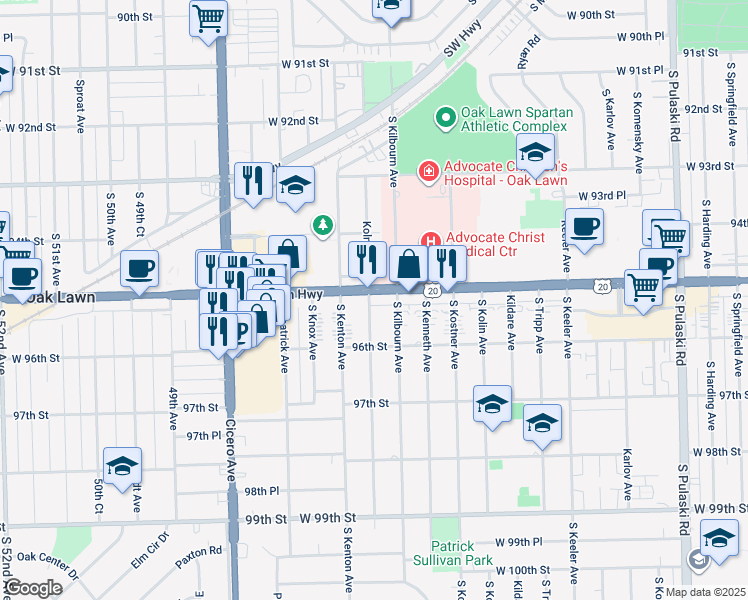 map of restaurants, bars, coffee shops, grocery stores, and more near 9510 Kolmar Avenue in Chicago
