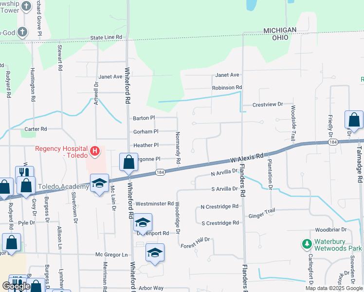 map of restaurants, bars, coffee shops, grocery stores, and more near 5740 Normandy Drive in Sylvania
