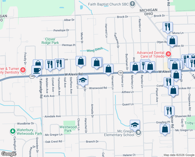 map of restaurants, bars, coffee shops, grocery stores, and more near 3824 Sefton Road in Toledo