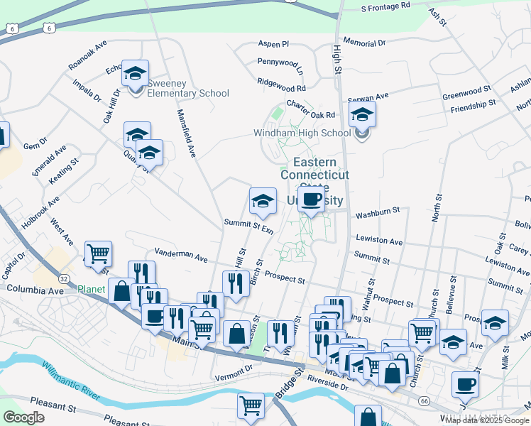 map of restaurants, bars, coffee shops, grocery stores, and more near 210 Birch Street in Windham