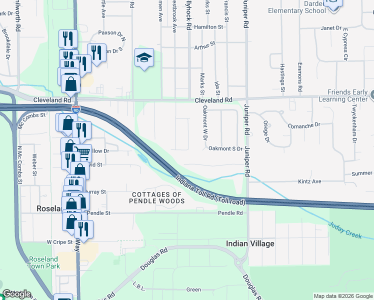 map of restaurants, bars, coffee shops, grocery stores, and more near 53398 Placid Drive in South Bend