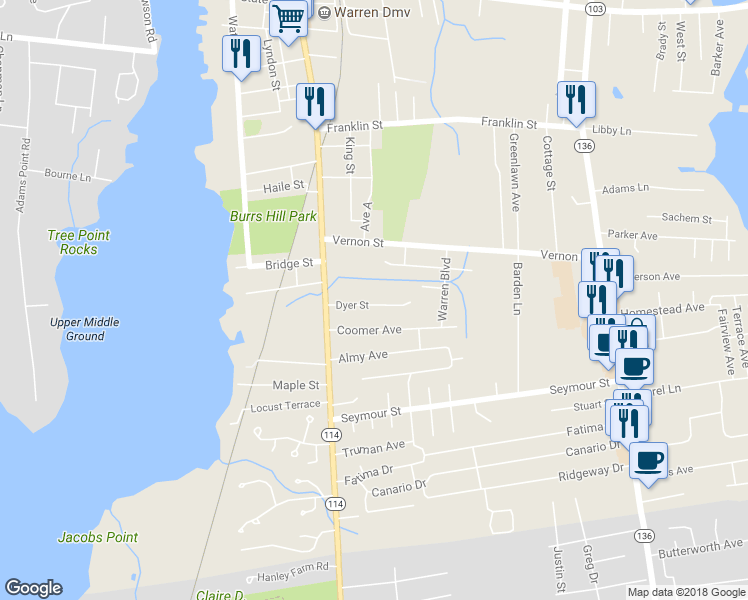 map of restaurants, bars, coffee shops, grocery stores, and more near 30 Dyer Street in Warren