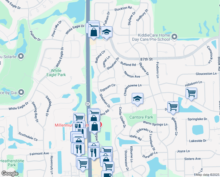 map of restaurants, bars, coffee shops, grocery stores, and more near 2840 Gypsum Circle in Naperville