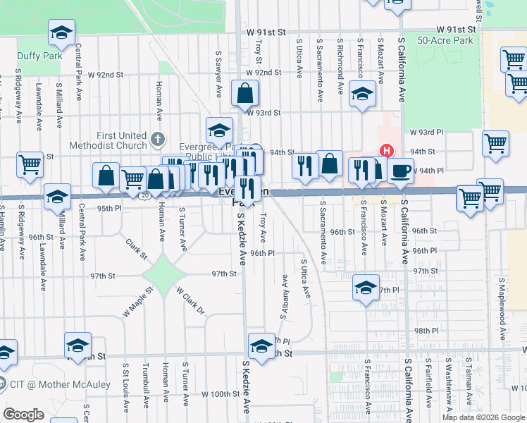 map of restaurants, bars, coffee shops, grocery stores, and more near 9524 Troy Avenue in Evergreen Park
