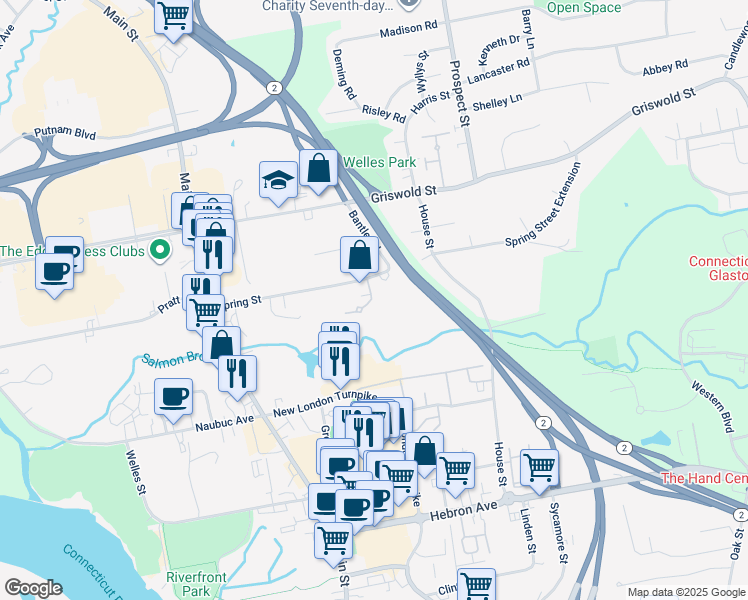 map of restaurants, bars, coffee shops, grocery stores, and more near 74 Springbrook Drive in Glastonbury