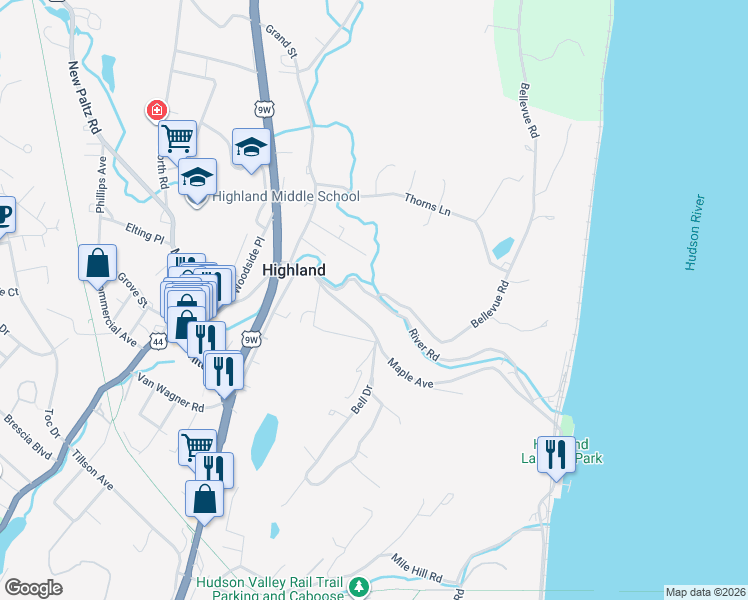 map of restaurants, bars, coffee shops, grocery stores, and more near 22 Maple Avenue in Highland