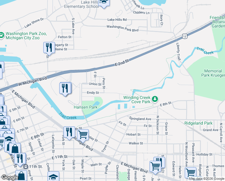map of restaurants, bars, coffee shops, grocery stores, and more near 801-899 Emily Street in Michigan City