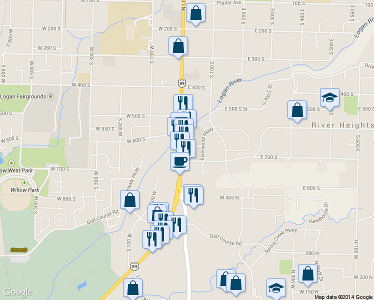 map of restaurants, bars, coffee shops, grocery stores, and more near 660 South Main Street in Logan