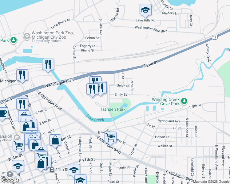 map of restaurants, bars, coffee shops, grocery stores, and more near 601-799 Emily Street in Michigan City