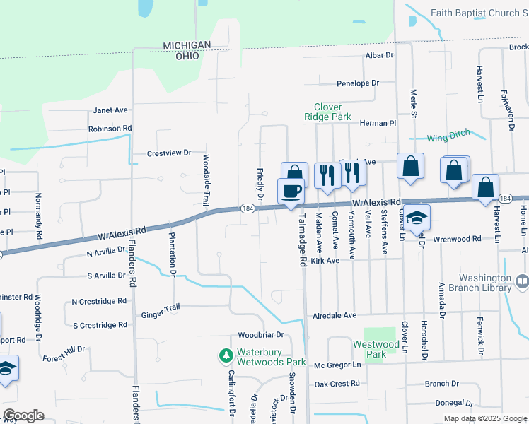 map of restaurants, bars, coffee shops, grocery stores, and more near 4361 West Alexis Road in Toledo