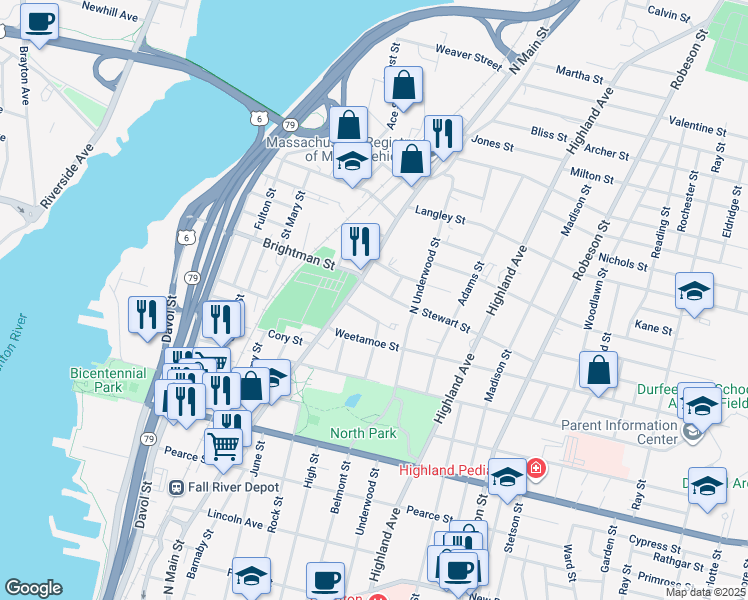 map of restaurants, bars, coffee shops, grocery stores, and more near 102 Vestal Street in Fall River