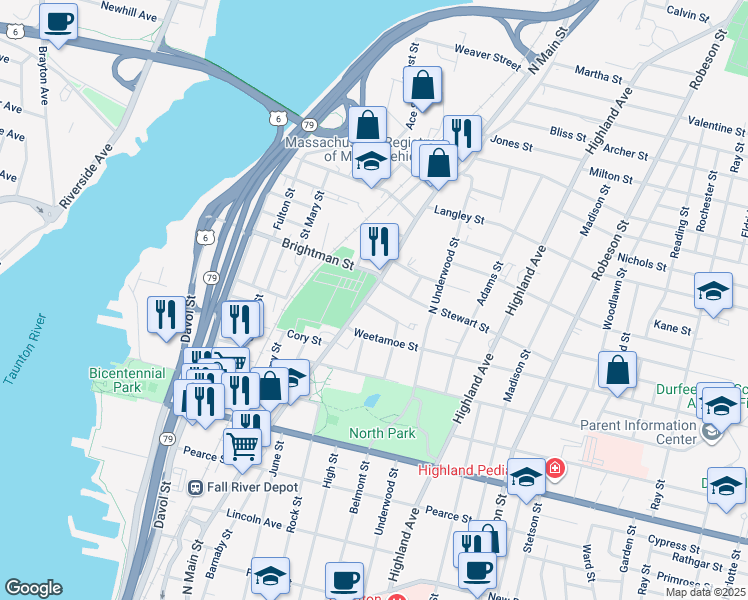 map of restaurants, bars, coffee shops, grocery stores, and more near 21 Vestal Street in Fall River