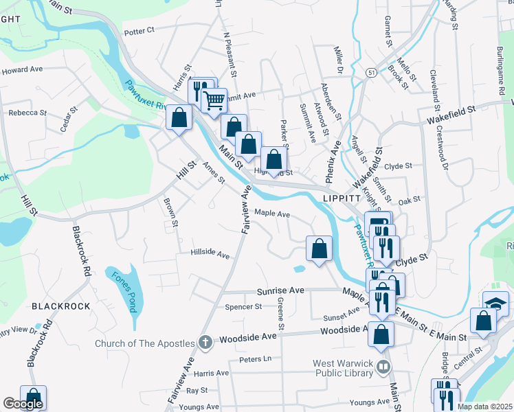 map of restaurants, bars, coffee shops, grocery stores, and more near 18 Fairview Avenue in West Warwick