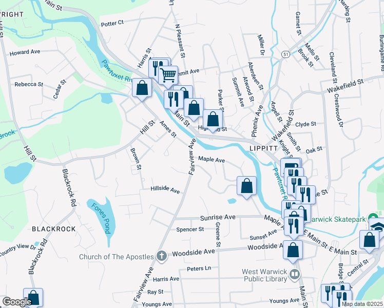 map of restaurants, bars, coffee shops, grocery stores, and more near 18 Fairview Avenue in West Warwick