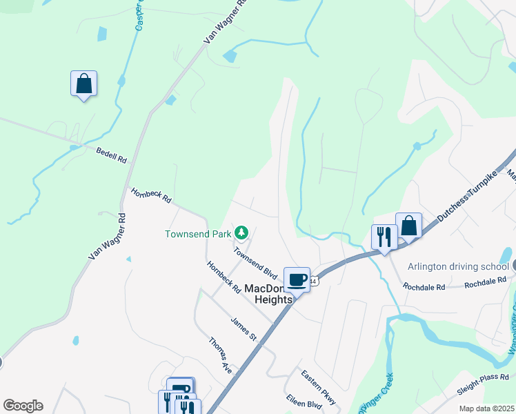 map of restaurants, bars, coffee shops, grocery stores, and more near 3 Harvard Drive in Poughkeepsie
