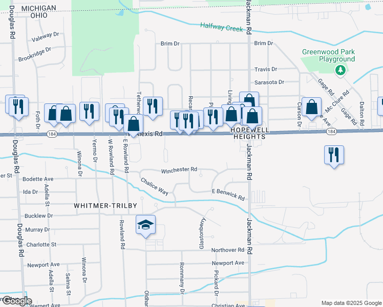 map of restaurants, bars, coffee shops, grocery stores, and more near 1865 West Alexis Road in Toledo