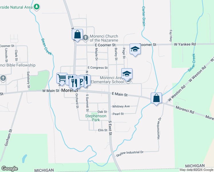 map of restaurants, bars, coffee shops, grocery stores, and more near 211 East Main Street in Morenci
