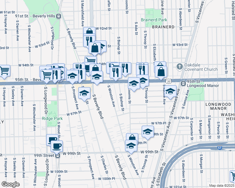 map of restaurants, bars, coffee shops, grocery stores, and more near 9557 South Winston Avenue in Chicago