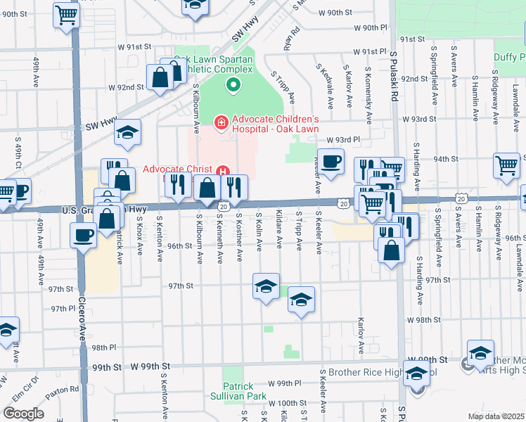 map of restaurants, bars, coffee shops, grocery stores, and more near 9520 Kildare Avenue in Oak Lawn