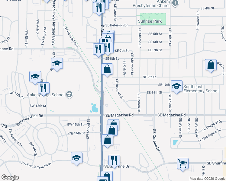 map of restaurants, bars, coffee shops, grocery stores, and more near 1014 Southeast Belmont Drive in Ankeny
