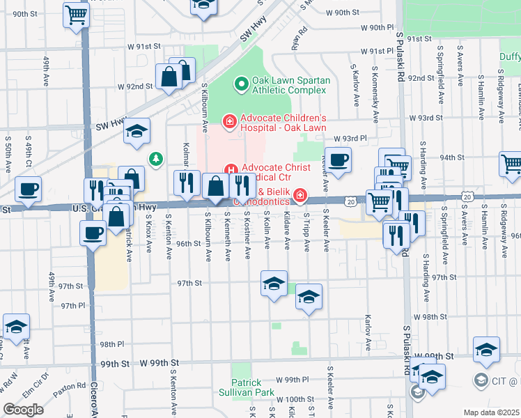map of restaurants, bars, coffee shops, grocery stores, and more near 4325 West 95th Street in Oak Lawn