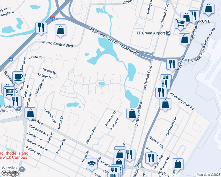 map of restaurants, bars, coffee shops, grocery stores, and more near 472 Round Hill Court in Warwick