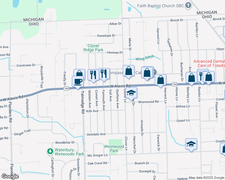 map of restaurants, bars, coffee shops, grocery stores, and more near 5750 Vail Ave in Toledo