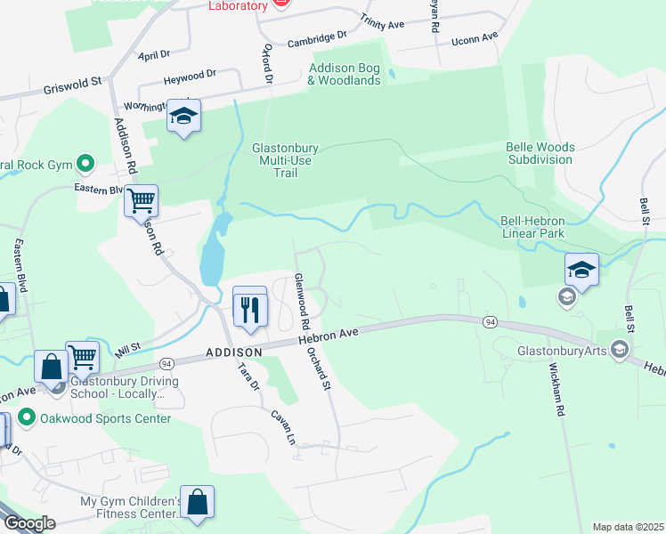 map of restaurants, bars, coffee shops, grocery stores, and more near 24 Stony Brook Drive in Glastonbury