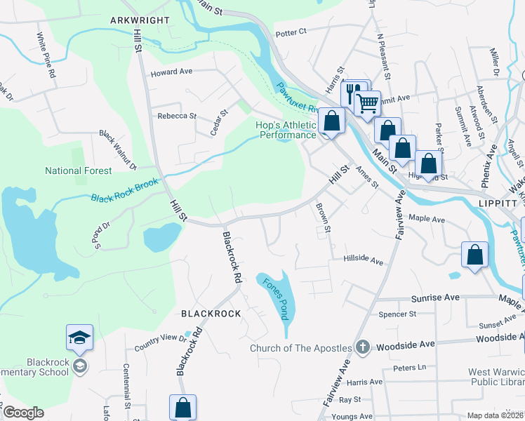 map of restaurants, bars, coffee shops, grocery stores, and more near 385 Hill Street in Coventry