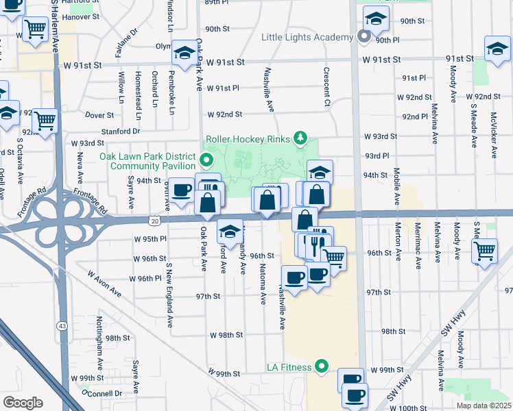 map of restaurants, bars, coffee shops, grocery stores, and more near 6619 95th Street in Oak Lawn