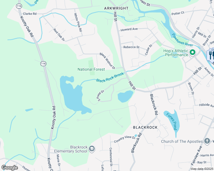 map of restaurants, bars, coffee shops, grocery stores, and more near 14 South Pond Drive in Coventry