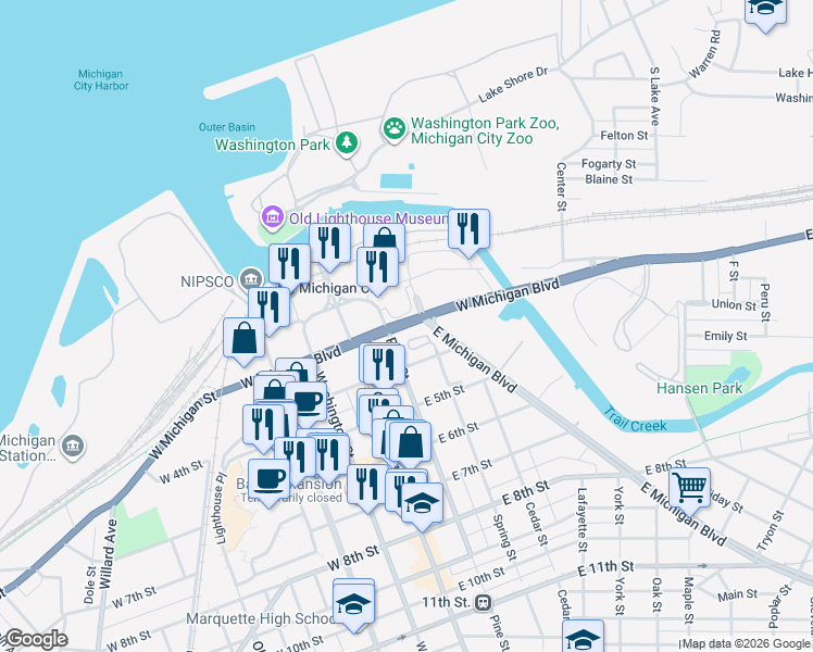 map of restaurants, bars, coffee shops, grocery stores, and more near West Michigan Boulevard in Michigan City
