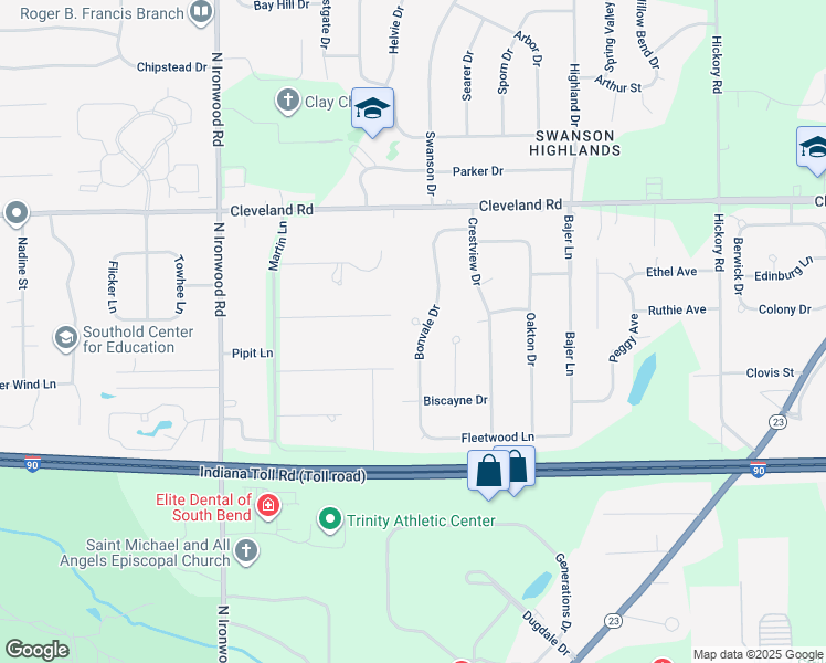map of restaurants, bars, coffee shops, grocery stores, and more near 53247 Skylark Court in South Bend