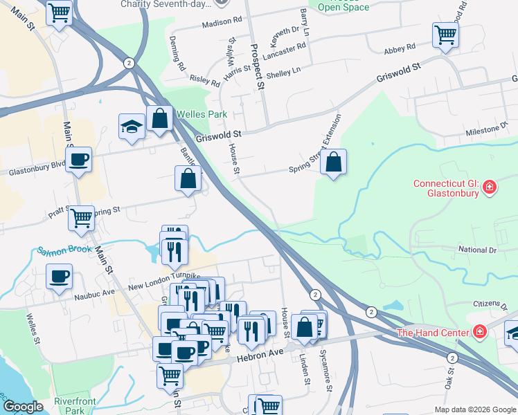 map of restaurants, bars, coffee shops, grocery stores, and more near 189 House Street in Glastonbury