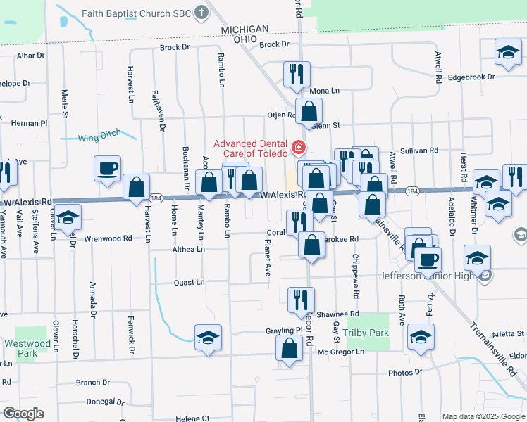 map of restaurants, bars, coffee shops, grocery stores, and more near 3401 West Alexis Road in Toledo
