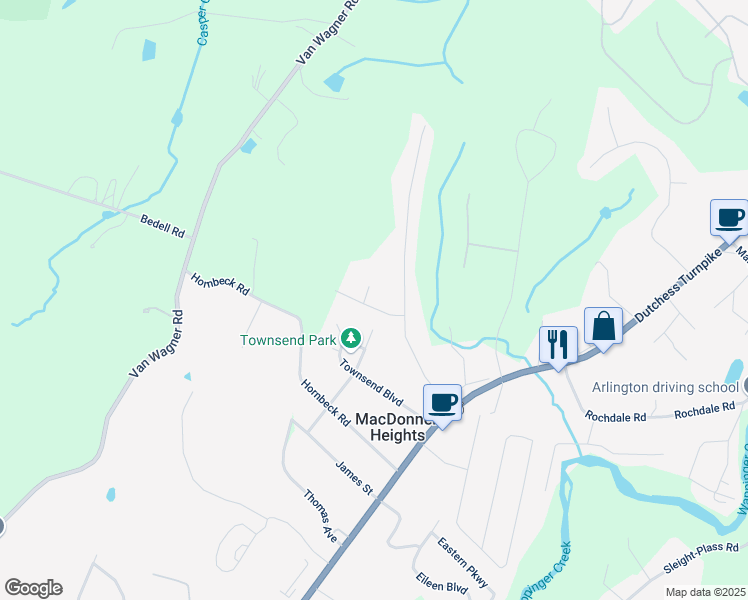 map of restaurants, bars, coffee shops, grocery stores, and more near 3 Harvard Drive in Poughkeepsie