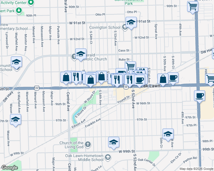map of restaurants, bars, coffee shops, grocery stores, and more near 5351 95th Street in Oak Lawn