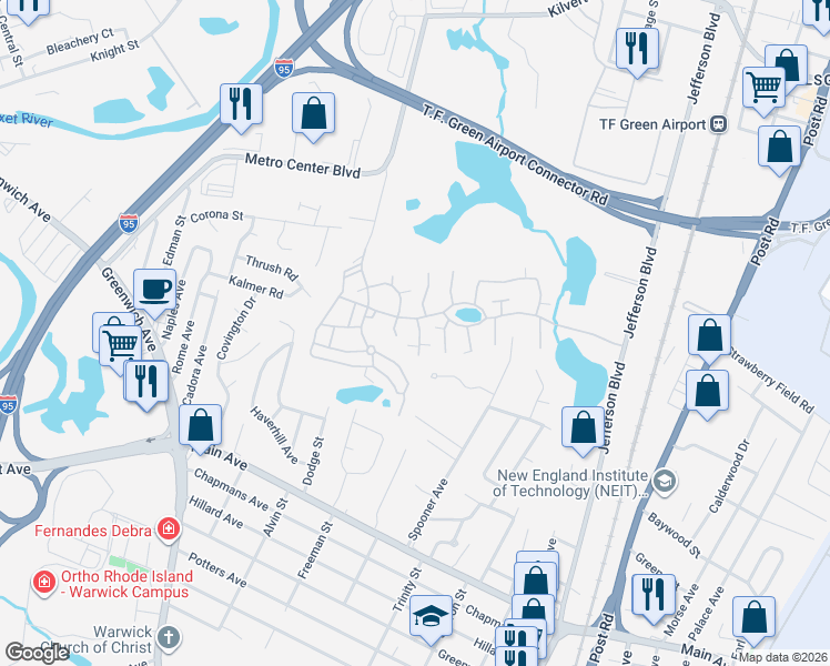 map of restaurants, bars, coffee shops, grocery stores, and more near 662 Orleans Court in Warwick