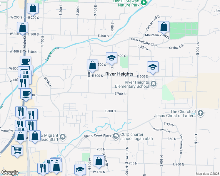 map of restaurants, bars, coffee shops, grocery stores, and more near 516 East 700 South in River Heights