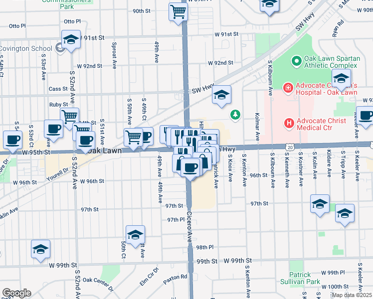 map of restaurants, bars, coffee shops, grocery stores, and more near South Cicero Avenue & West 95th Street in Oak Lawn