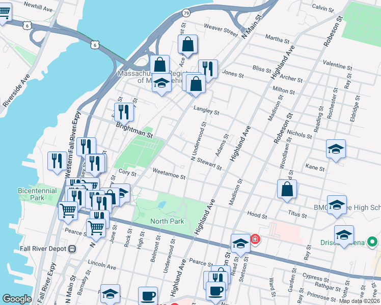 map of restaurants, bars, coffee shops, grocery stores, and more near 165 Stewart Street in Fall River