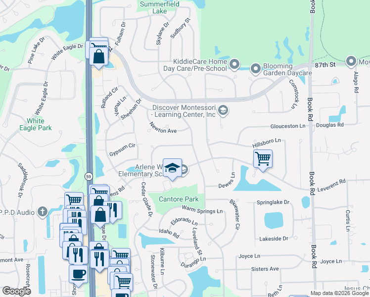 map of restaurants, bars, coffee shops, grocery stores, and more near 2407 Old Bridge Court in Naperville